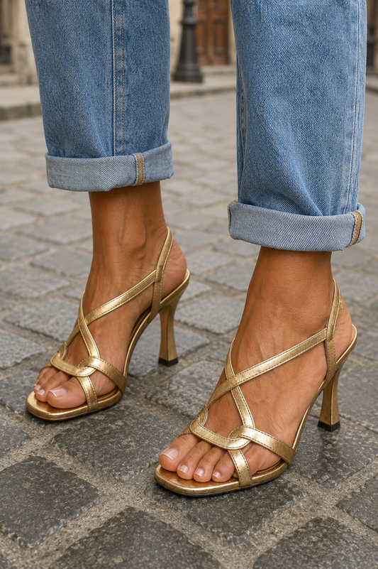 Jamie - Sandales à talons dorées avec lanières