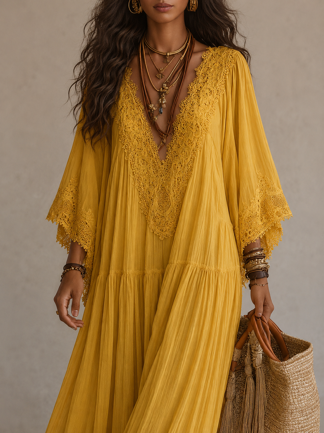 Ondina - Robe maxi en chiffon ornée de dentelle