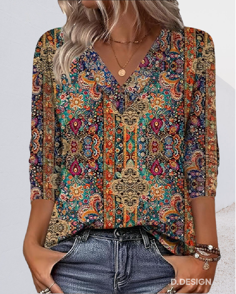 Elara - Blouse à décolleté en V avec imprimé rétro