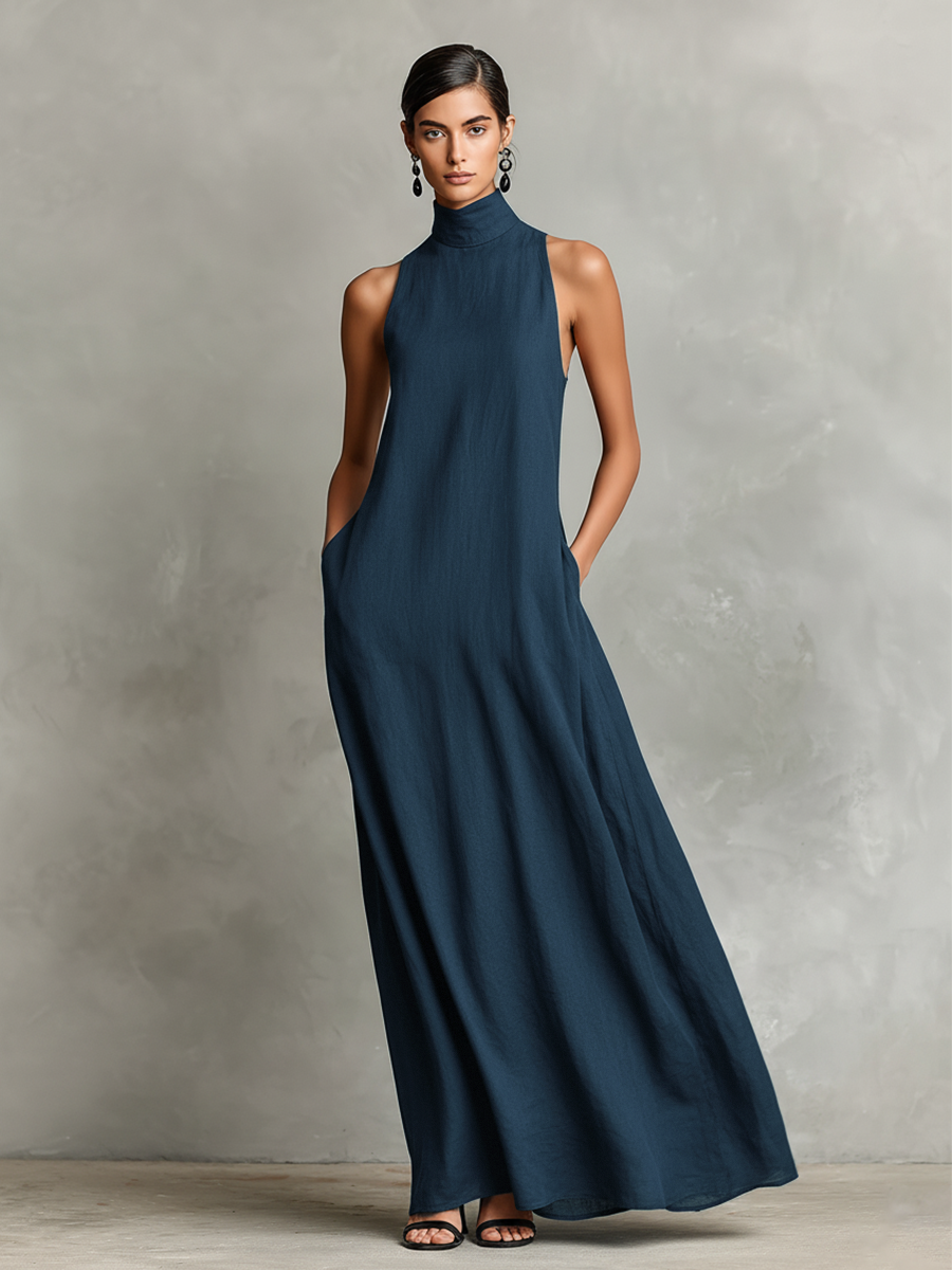 Cecilia - Robe maxi en mélange de lin à col montant