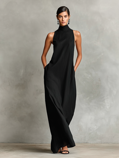 Cecilia - Robe maxi en mélange de lin à col montant