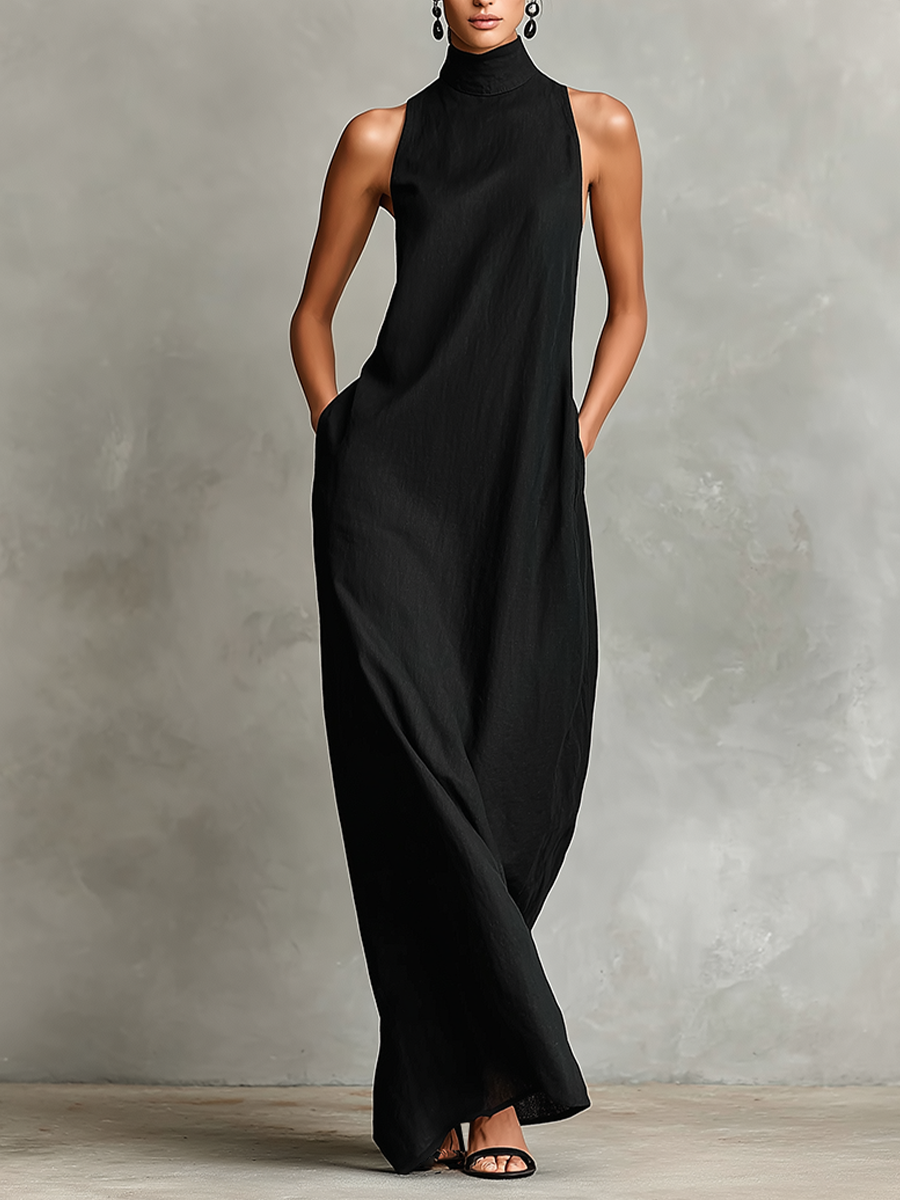 Cecilia - Robe maxi en mélange de lin à col montant