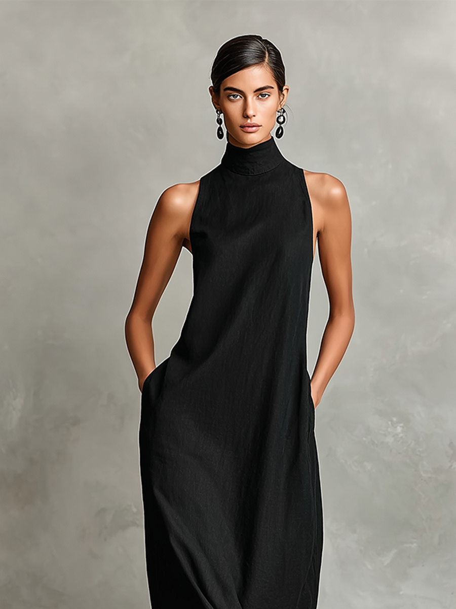 Cecilia - Robe maxi en mélange de lin à col montant