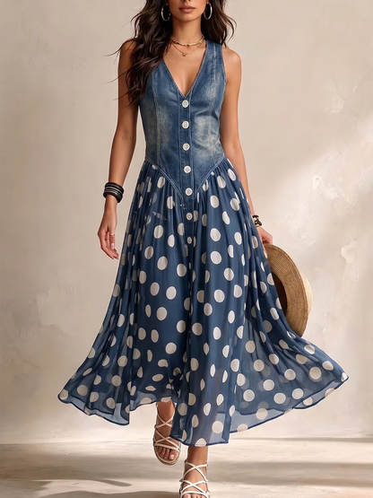 Jayne - Robe midi en chiffon à pois avec boutonnière