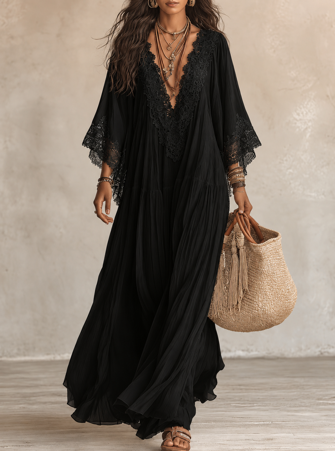 Ondina - Robe maxi en chiffon ornée de dentelle