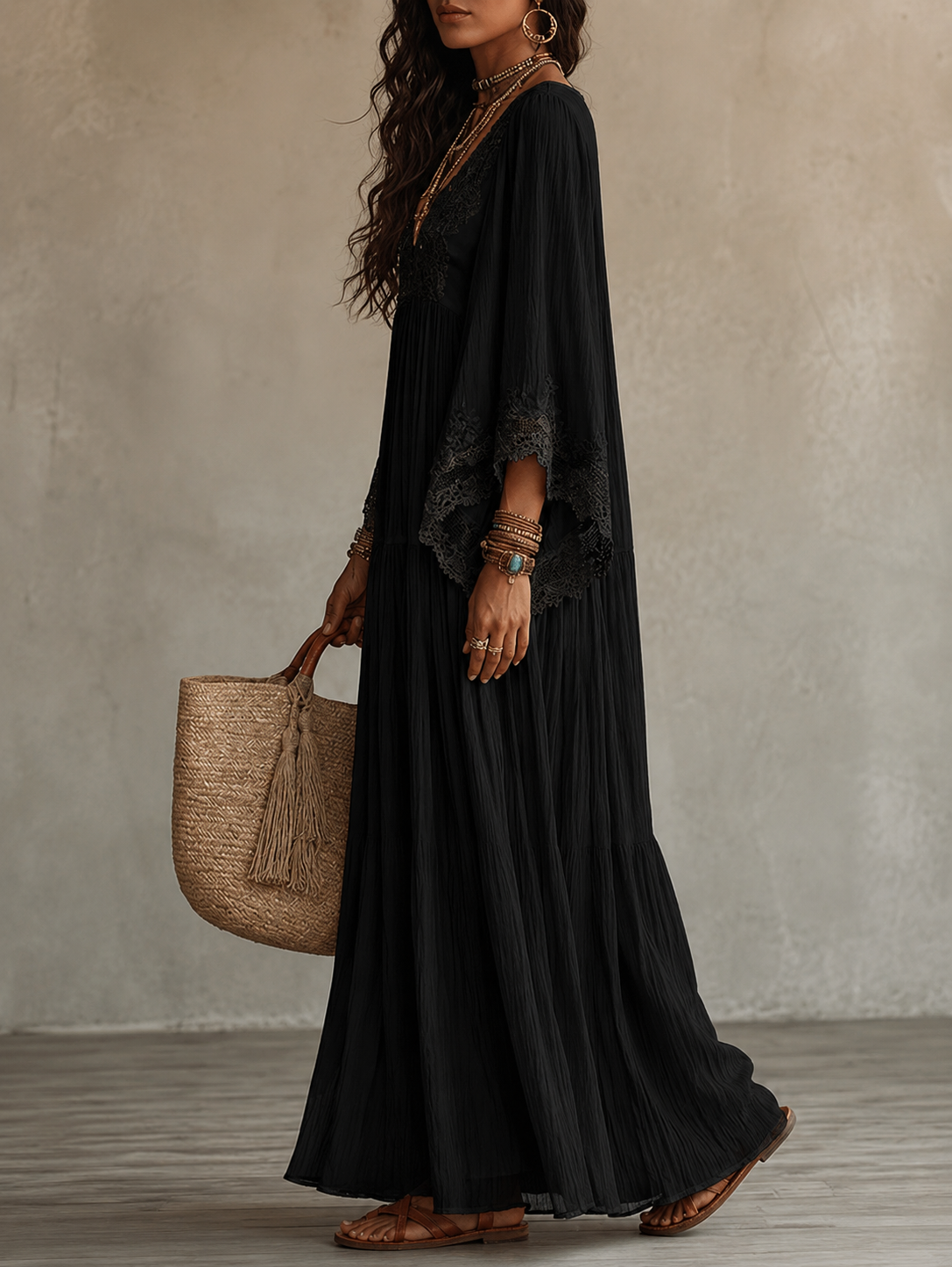 Ondina - Robe maxi en chiffon ornée de dentelle