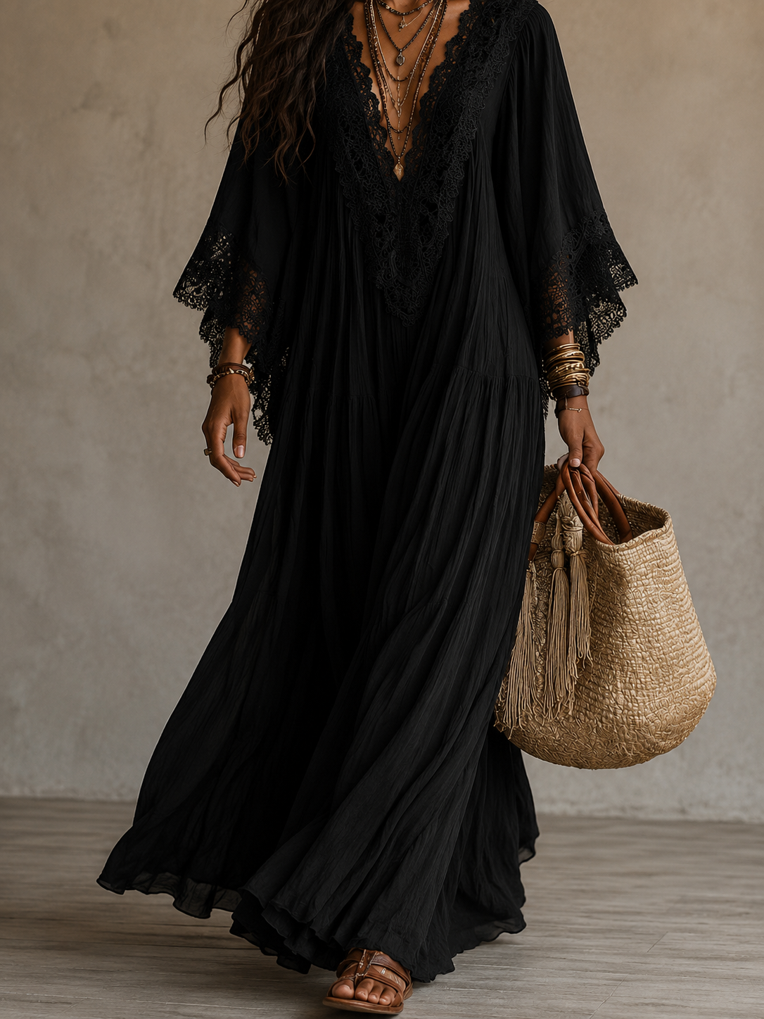 Ondina - Robe maxi en chiffon ornée de dentelle