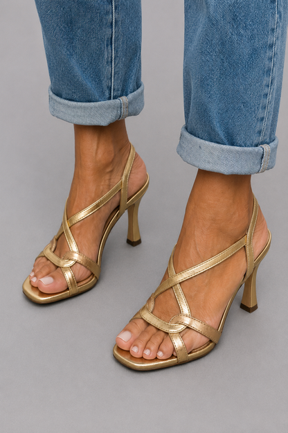 Jamie - Sandales à talons dorées avec lanières