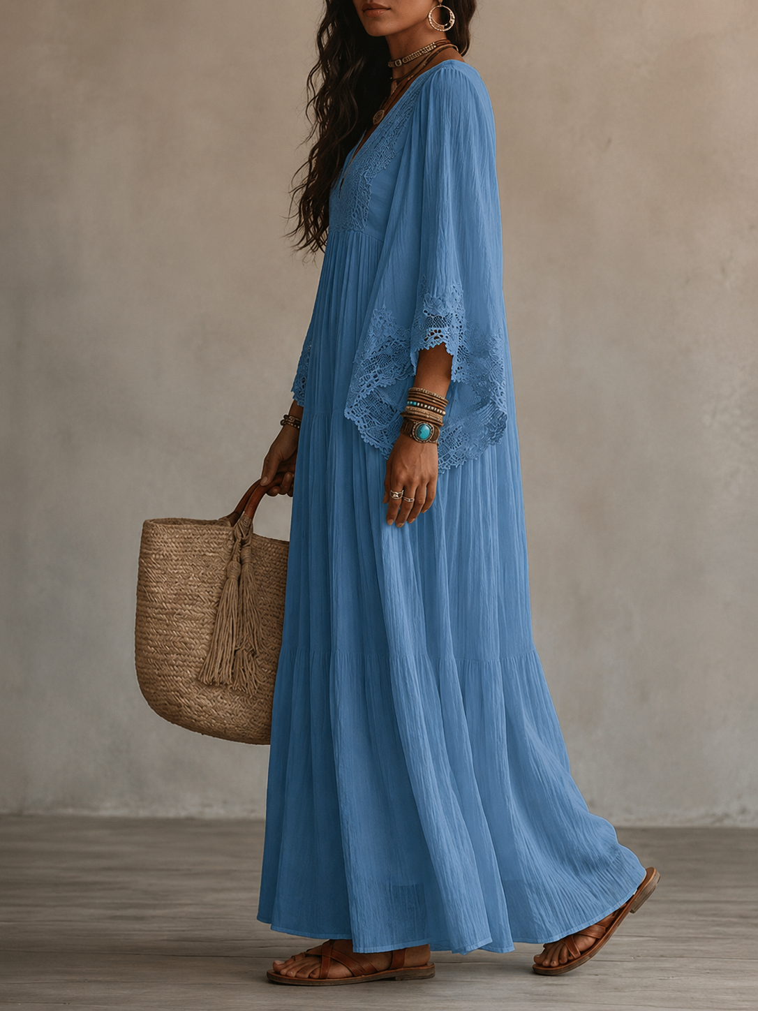 Ondina - Robe maxi en chiffon ornée de dentelle