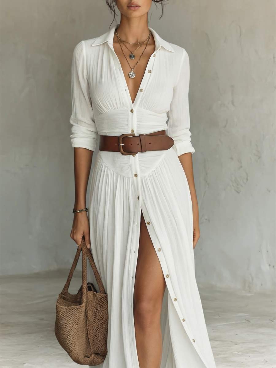 Jeanne - Robe maxi en mélange de lin et de coton avec plis