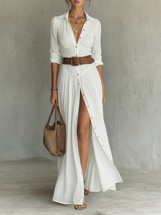 Jeanne - Robe maxi en mélange de lin et de coton avec plis
