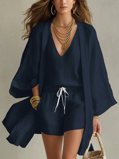 Aureva - Ensemble en lin à trois pièces avec cardigan