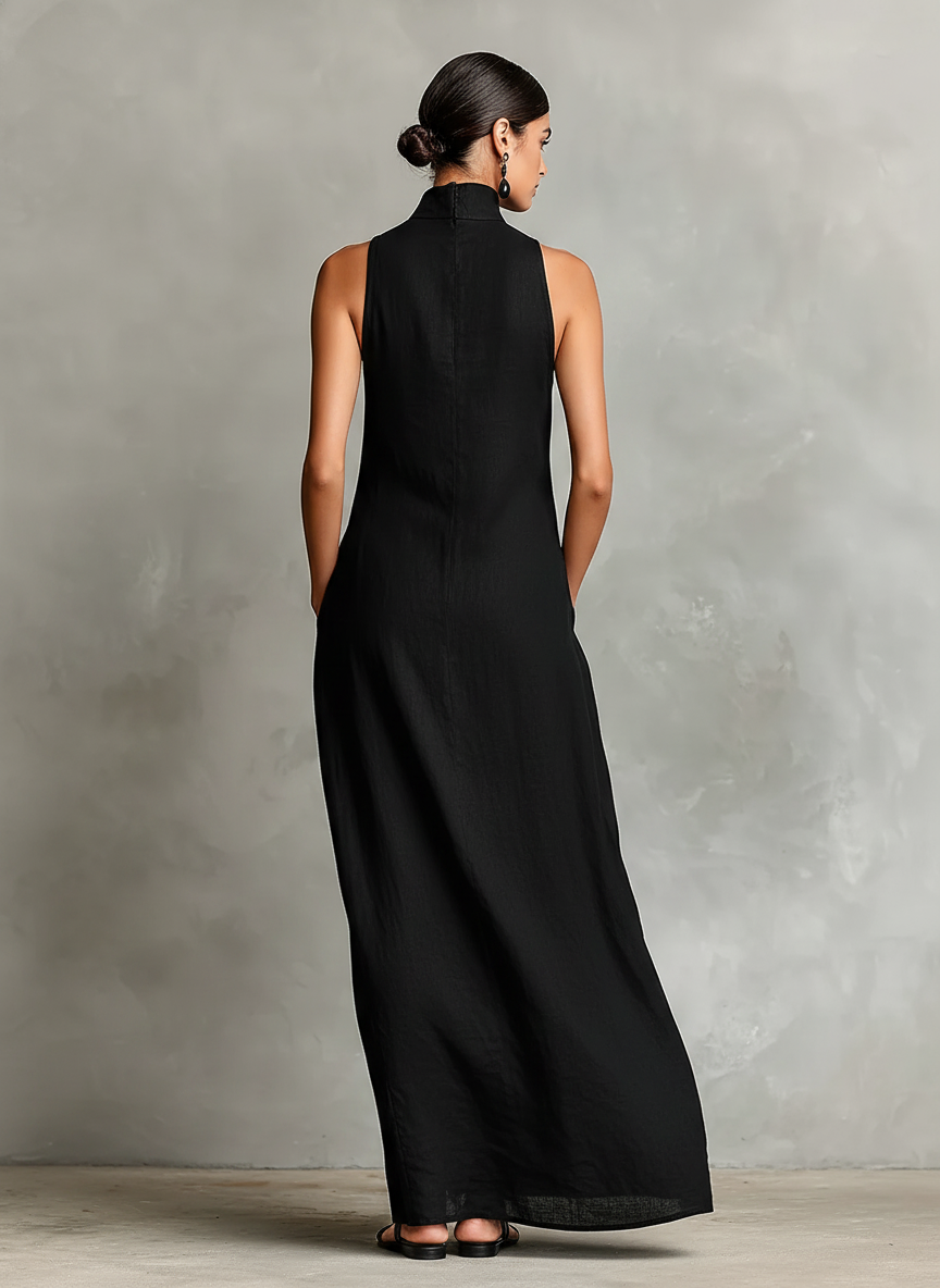 Cecilia - Robe maxi en mélange de lin à col montant