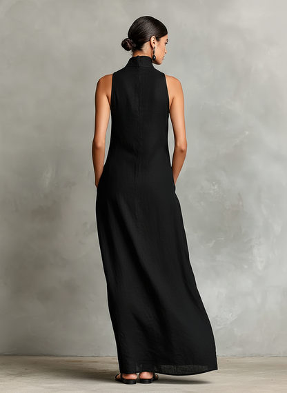 Cecilia - Robe maxi en mélange de lin à col montant