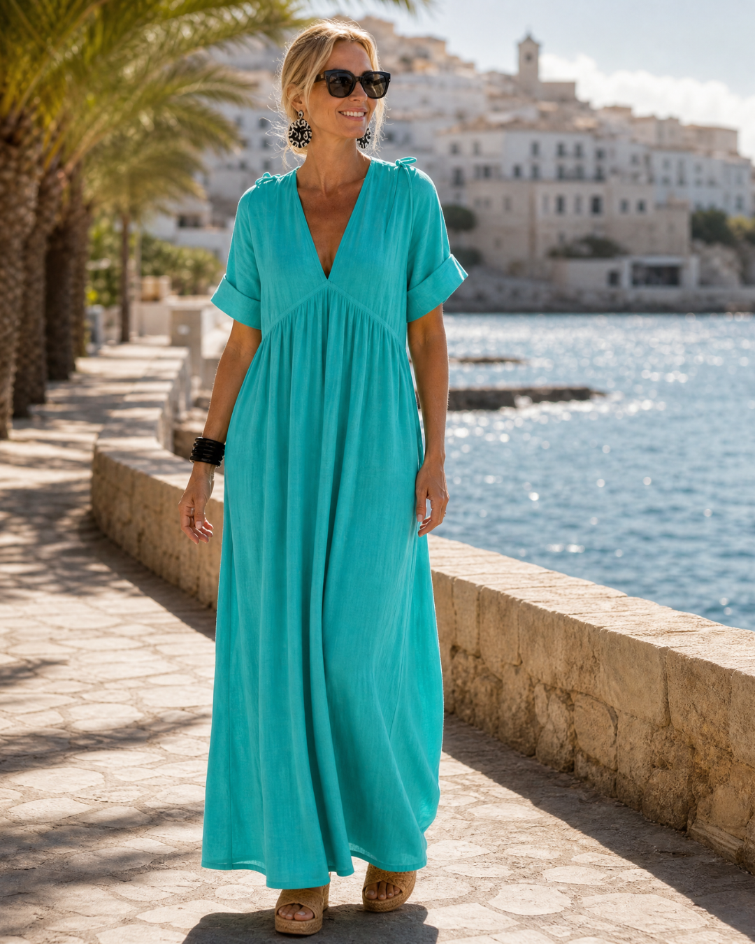 Shari - Robe midi texturée à manches courtes