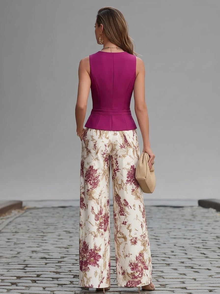 Ameline - Gilet en rosé et pantalon fluide à fleurs