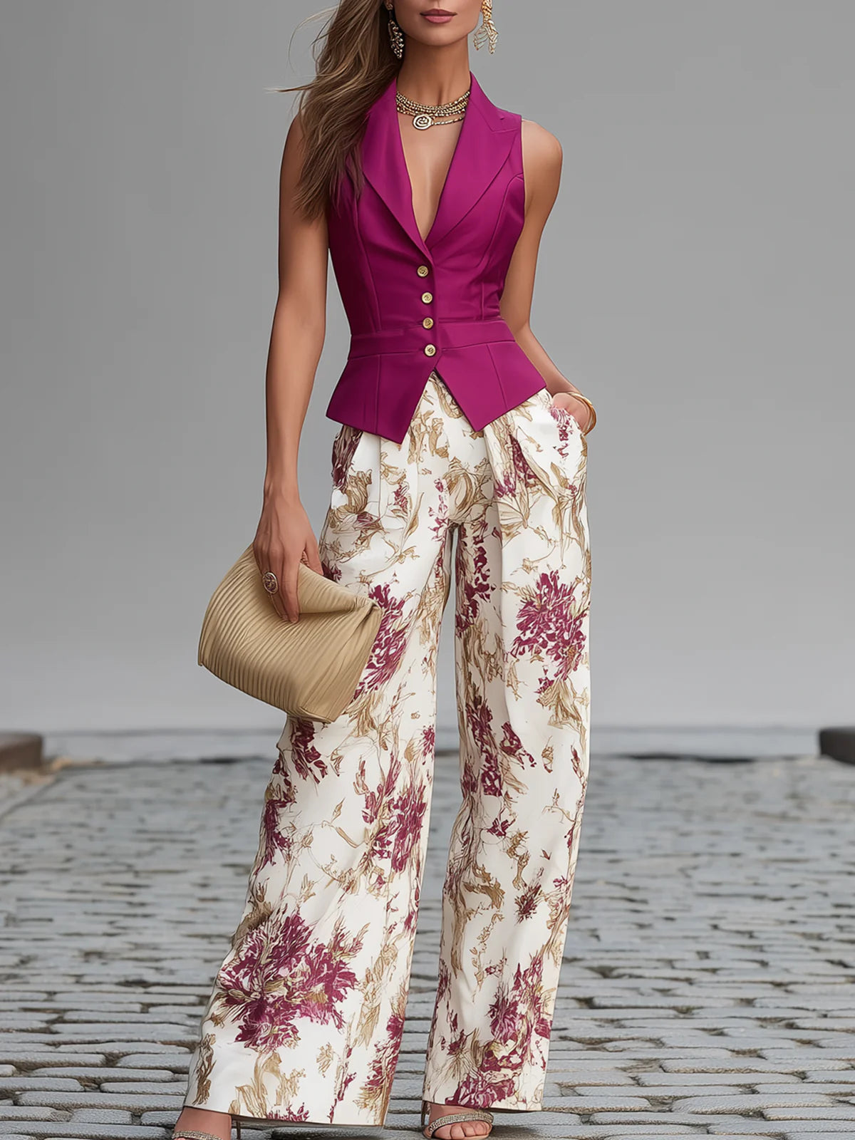 Ameline - Gilet en rosé et pantalon fluide à fleurs