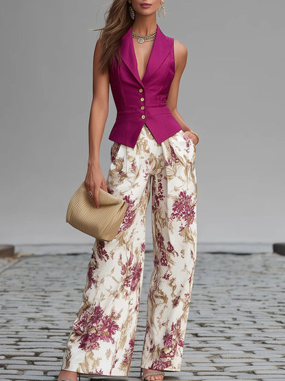 Ameline - Gilet en rosé et pantalon fluide à fleurs