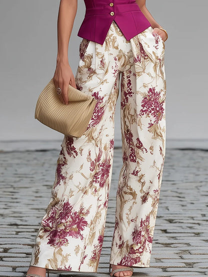 Ameline - Gilet en rosé et pantalon fluide à fleurs