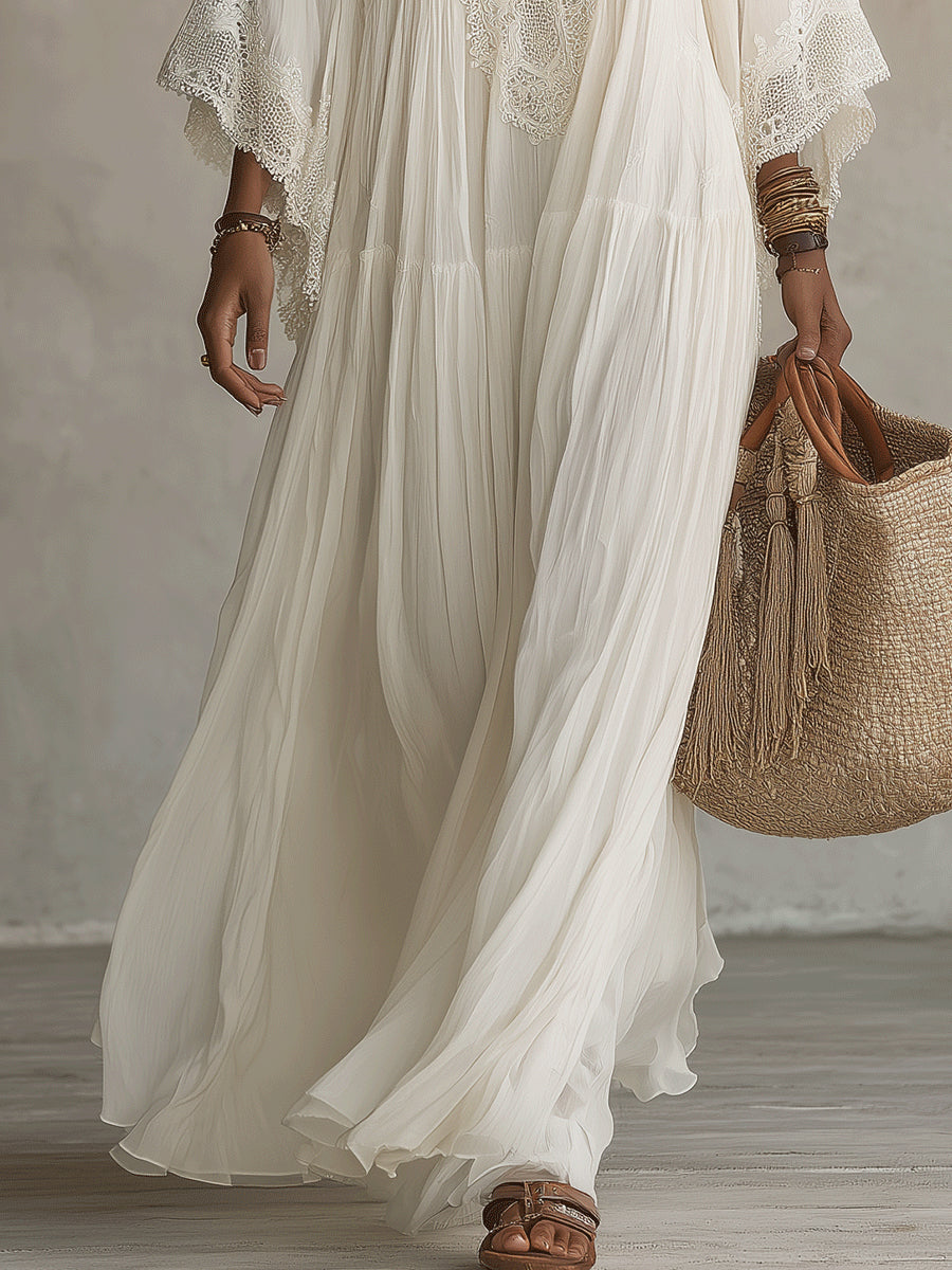 Ondina - Robe maxi en chiffon ornée de dentelle