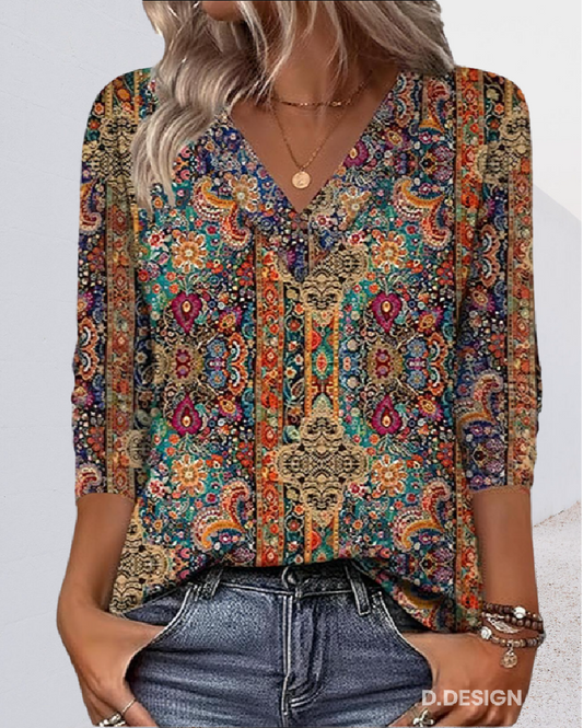 Elara - Blouse à décolleté en V avec imprimé rétro