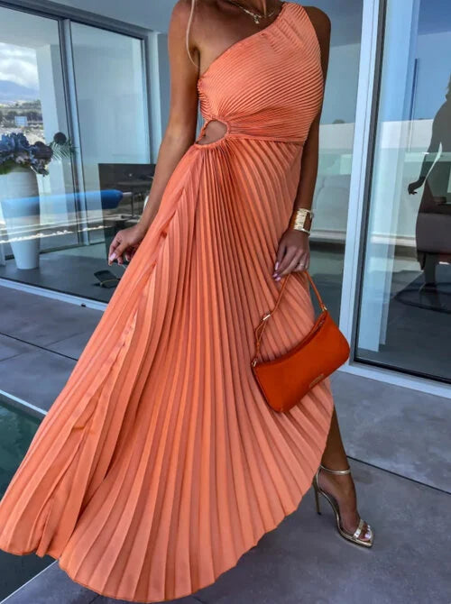 Helene - Robe midi plissée à épaule dénudée
