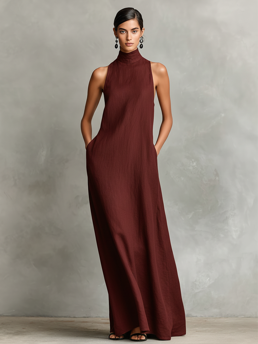 Cecilia - Robe maxi en mélange de lin à col montant