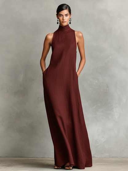 Cecilia - Robe maxi en mélange de lin à col montant